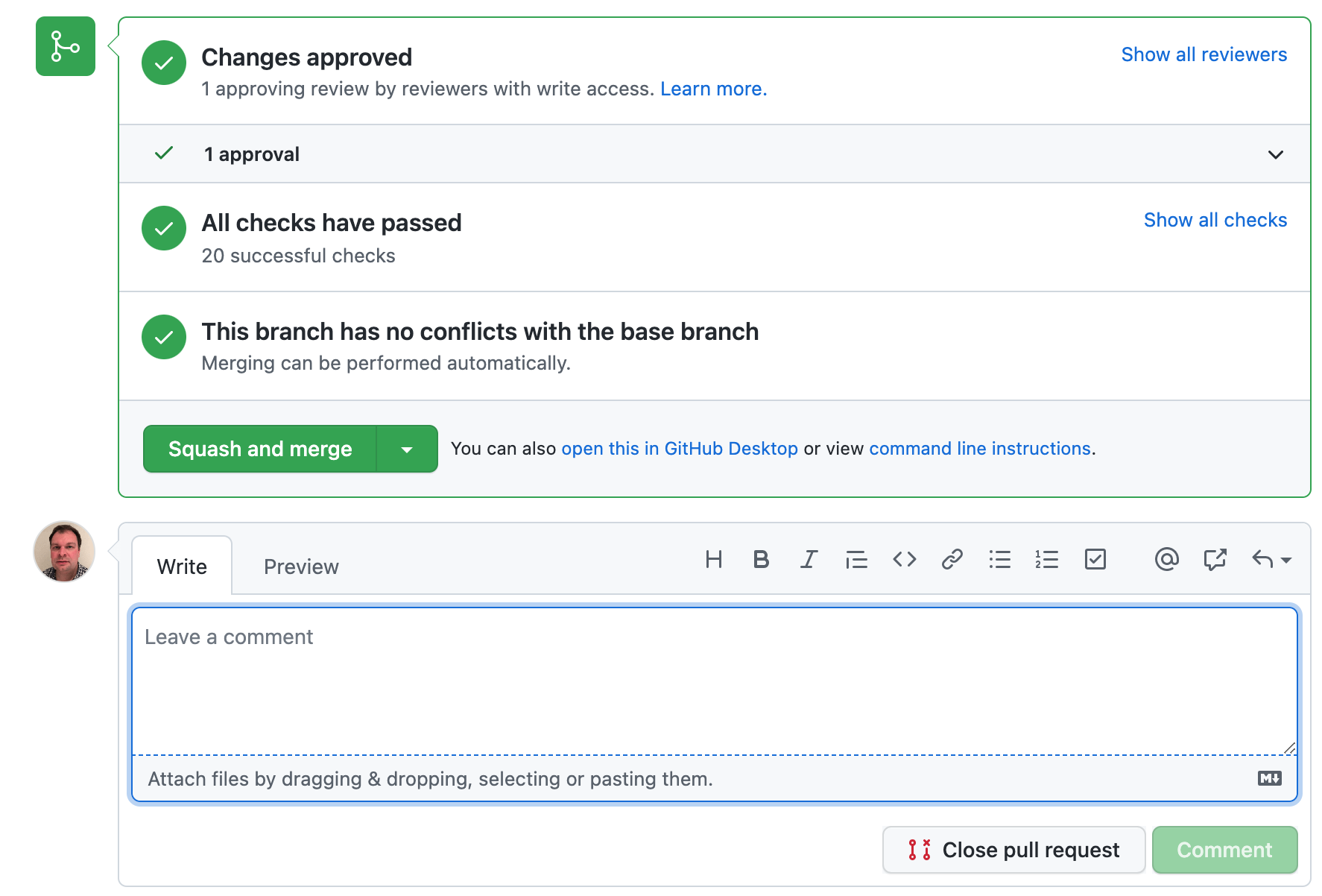 Bottom of a pull request with "Squash and Merge" and "Close" buttons.
